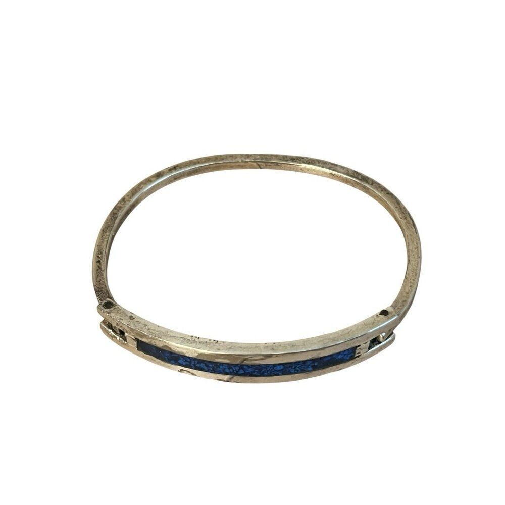 Vintage Alpaca Mexico Silver Crushed Blue Lapiz Inlay Hinged Bracelet One Size - Picture 3 of 7